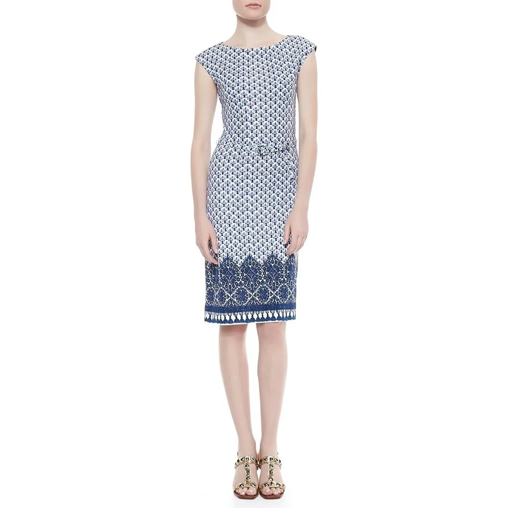 Tory Burch - Jamie Cap Sleeve Belted Sheath Dress - Blue and White